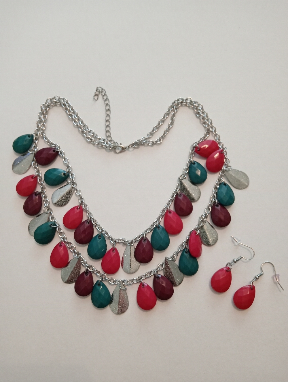 #1198. Pink, Purple, Green & Silver Toned Acrylic, Necklace And Earring Set